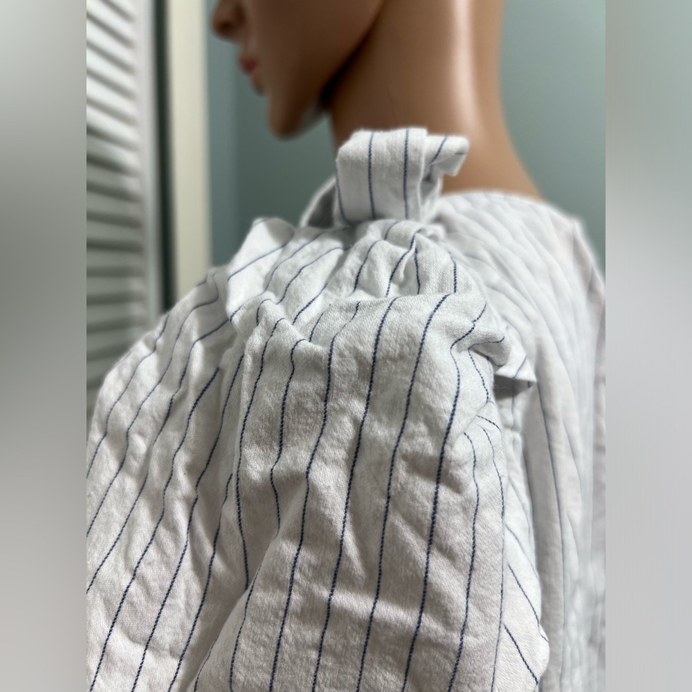 Zara Striped White Blue  Balloon Puff Long Sleeve Casual Top Blouse Size L - Picture 5 of 11